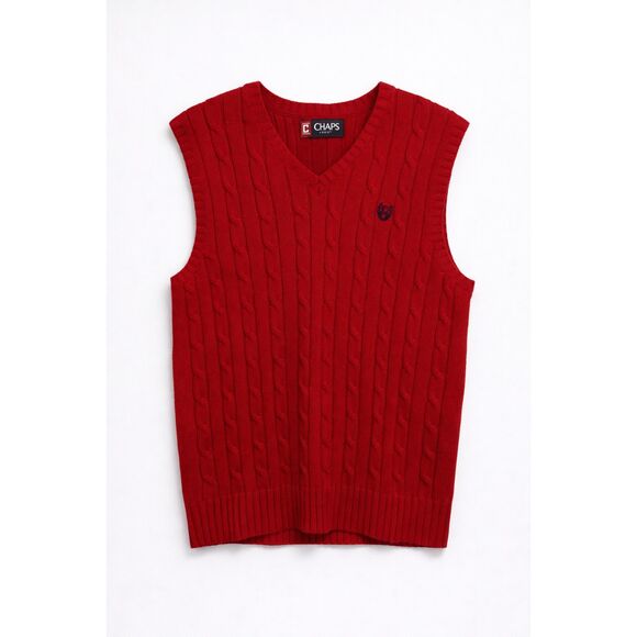 Chaps XL Red Cable Knit Sweater Vest Cotton Preppy V Neck Layering Academia - Picture 1 of 8